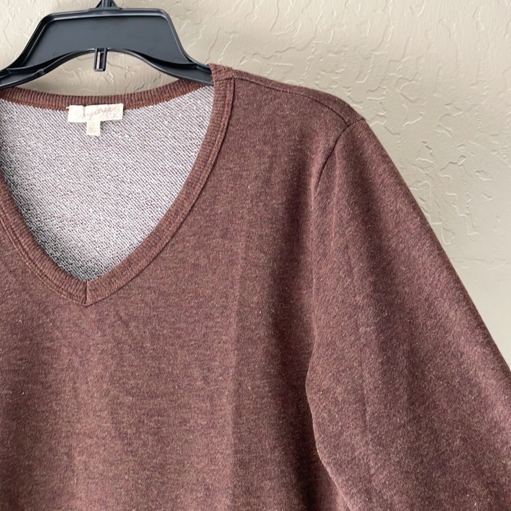 🌿Final Sale Anthro Mystree Brown‎ V Neck Ruffle Trim Sweater - Picture 8 of 12